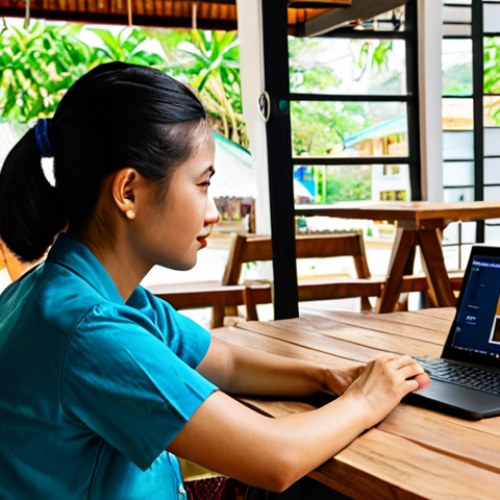 Home 15 A digital nomad working on a laptop at a vibrant co-working space in Chiang Mai, Thailand. Focus on the blend of modern work and Thai cultural elements. The prompt should emphasize fast internet and a sense of community. Include digital nomads working beside, but also Thai elements such as traditional attire, temples, or local artwork visible through the windows or in the background.