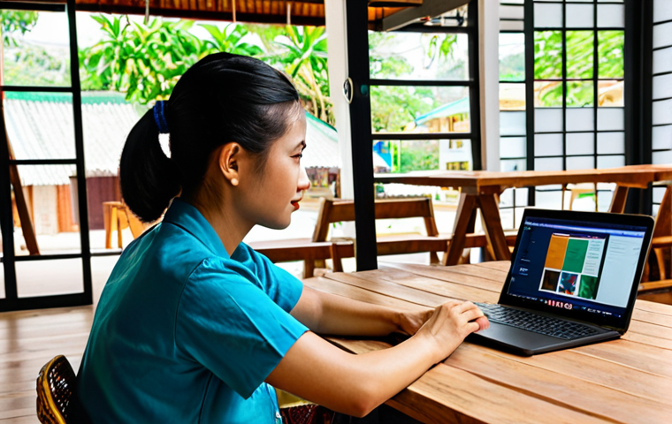 A digital nomad working on a laptop at a vibrant co-working space in Chiang Mai, Thailand. Focus on the blend of modern work and Thai cultural elements. The prompt should emphasize fast internet and a sense of community. Include digital nomads working beside, but also Thai elements such as traditional attire, temples, or local artwork visible through the windows or in the background.