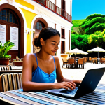 "A diverse young professional, radiating tranquility and focus, working on a laptop at an outdoor table. The background seamlessly transitions from a charming European cafe scene with historic architecture to a serene, sunny tropical beach, symbolizing the ultimate geographical freedom and work-life balance of a digital nomad. Lush greenery, clear blue sky, high-resolution, vibrant colors, aspirational travel photography style."