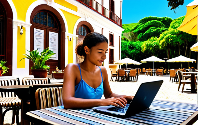 "A diverse young professional, radiating tranquility and focus, working on a laptop at an outdoor table. The background seamlessly transitions from a charming European cafe scene with historic architecture to a serene, sunny tropical beach, symbolizing the ultimate geographical freedom and work-life balance of a digital nomad. Lush greenery, clear blue sky, high-resolution, vibrant colors, aspirational travel photography style."
