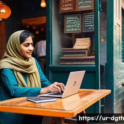 Home 33 디지털 노마드와 직장 문화의 차이 - A vibrant digital nomad workspace scene set in a cozy café in Lahore, Pakistan, showcasing a young p...