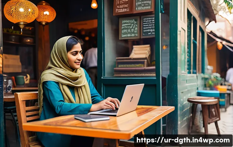 디지털 노마드와 직장 문화의 차이 - A vibrant digital nomad workspace scene set in a cozy café in Lahore, Pakistan, showcasing a young p...