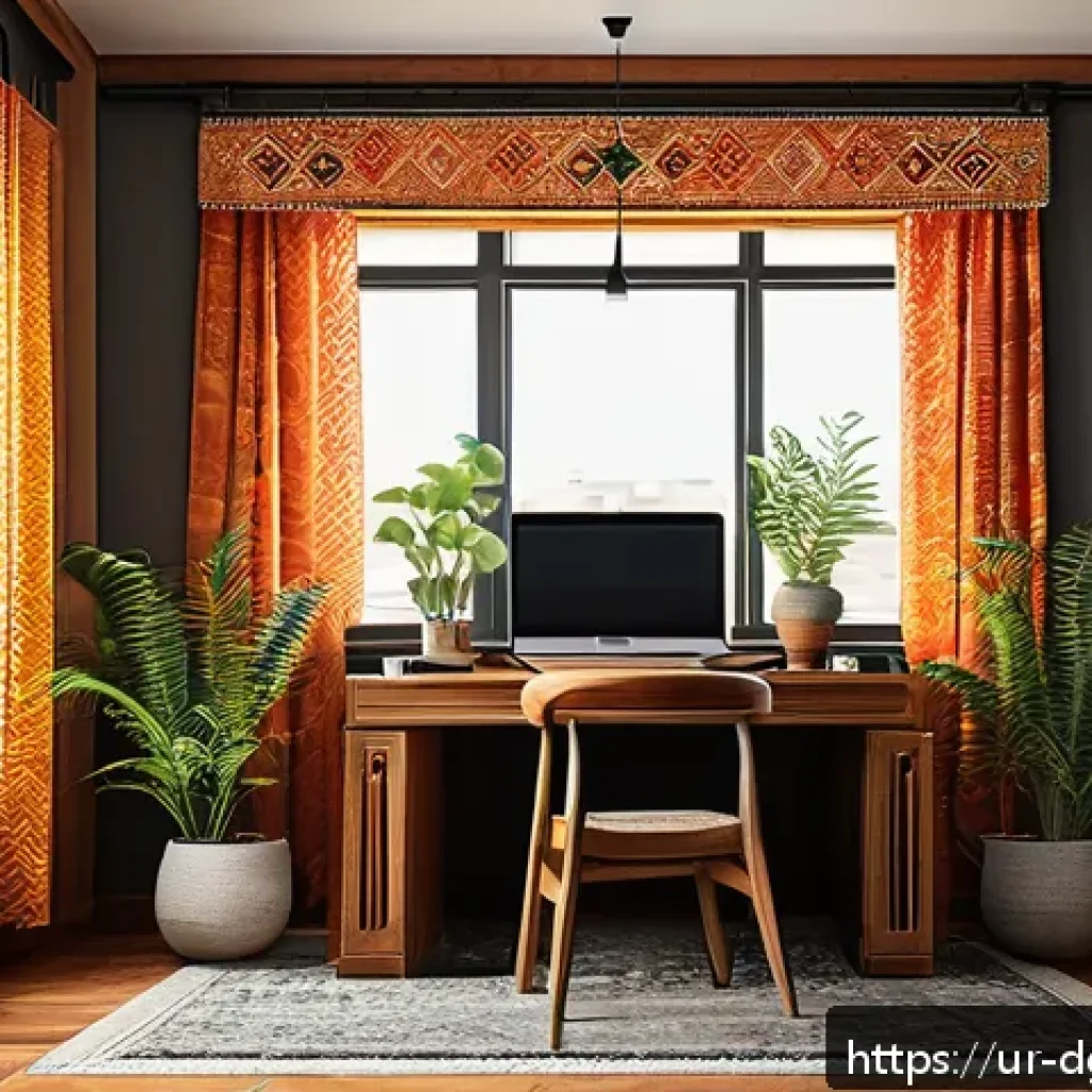 디지털 노마드의 일과 삶의 균형 - A cozy home office corner designed for a digital nomad in Pakistan, featuring traditional wooden fur...