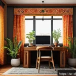 Home 18 디지털 노마드의 일과 삶의 균형 - A cozy home office corner designed for a digital nomad in Pakistan, featuring traditional wooden fur...