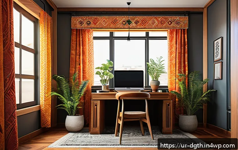 디지털 노마드의 일과 삶의 균형 - A cozy home office corner designed for a digital nomad in Pakistan, featuring traditional wooden fur...