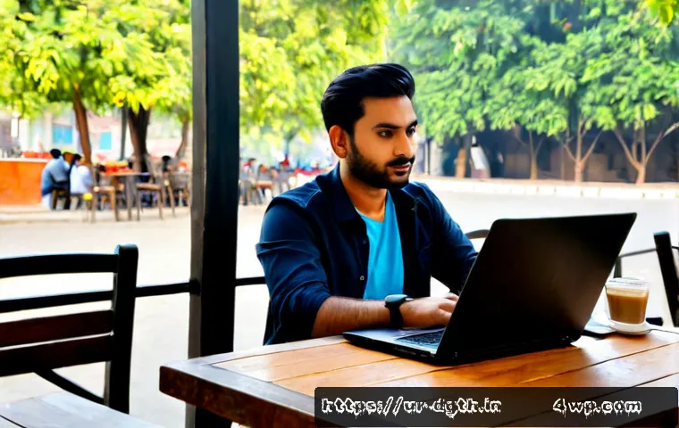 Home 13 성공적인 디지털 노마드의 일하는 법 - Photorealistic successful digital nomad working calmly at a sunlit café terrace in Lahore, Pakistan,...